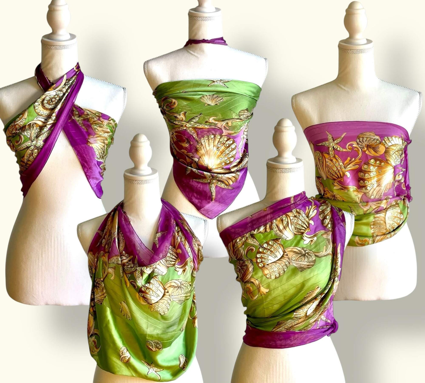 Foulard violet et vert décorée de coquillages