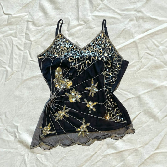Débardeur noir sequins papillon